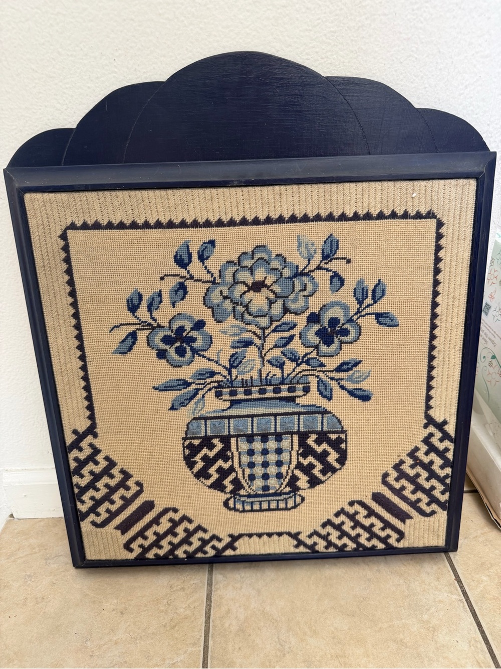 Vintage Needlepoint Blue Floral Framed Fireplace Cover / Wall Art